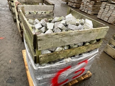 LARGE WOODEN CRATE TO INC. SILVER GRANITE TUMBLED COBBLES 100mm x 100mm