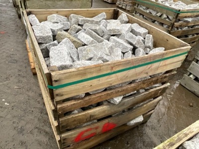 LARGE WOODEN CRATE TO INC. SILVER GRANITE TUMBLED COBBLES 100mm x 200mm