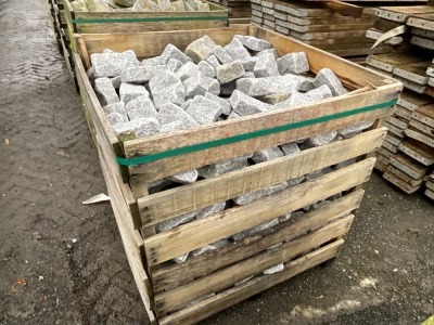 LARGE WOODEN CRATE TO INC. SILVER GRANITE TUMBLED COBBLES 100mm x 200mm