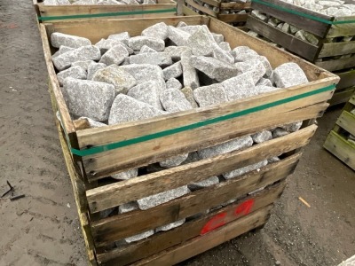 LARGE WOODEN CRATE TO INC. SILVER GRANITE TUMBLED COBBLES 100mm x 200mm