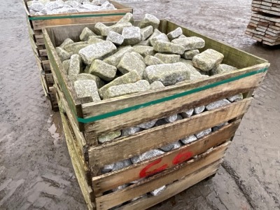 LARGE WOODEN CRATE TO INC. SILVER GRANITE TUMBLED COBBLES 100mm x 200mm