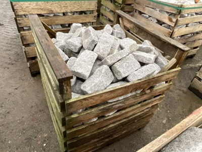LARGE WOODEN CRATE TO INC. SILVER GRANITE TUMBLED COBBLES 100mm x 200mm