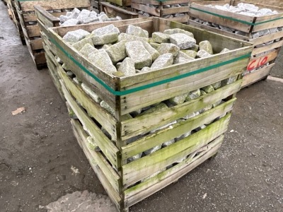 LARGE WOODEN CRATE TO INC. SILVER GRANITE TUMBLED COBBLES 100mm x 200mm