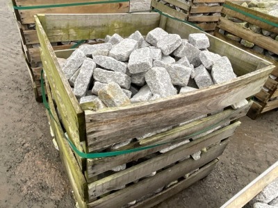 LARGE WOODEN CRATE TO INC. SILVER GRANITE TUMBLED COBBLES 100mm x 200mm