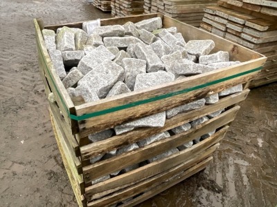 LARGE WOODEN CRATE TO INC. SILVER GRANITE TUMBLED COBBLES 100mm x 200mm