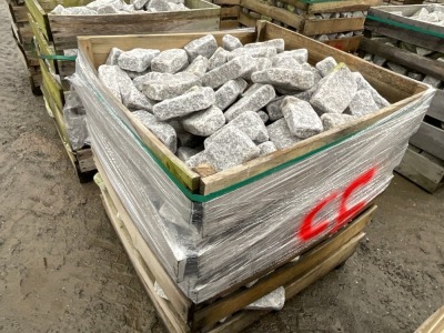 LARGE WOODEN CRATE TO INC. SILVER GRANITE TUMBLED COBBLES 100mm x 200mm