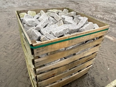 LARGE WOODEN CRATE TO INC. SILVER GRANITE TUMBLED COBBLES 100mm x 200mm