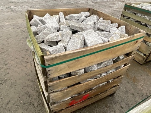 LARGE WOODEN CRATE TO INC. SILVER GRANITE TUMBLED COBBLES 200mm x 100mm