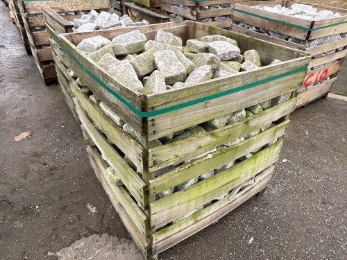 LARGE WOODEN CRATE TO INC. SILVER GRANITE TUMBLED COBBLES 200mm x 100mm