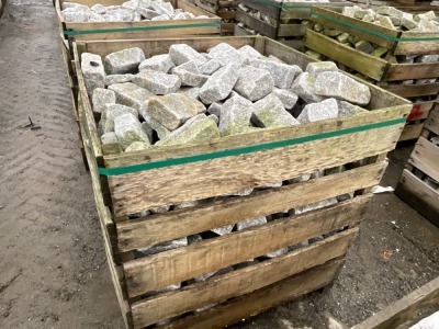 LARGE WOODEN CRATE TO INC. SILVER GRANITE TUMBLED COBBLES 200mm x 100mm