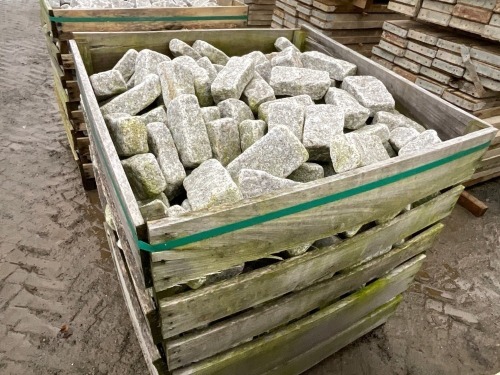 LARGE WOODEN CRATE TO INC. SILVER GRANITE TUMBLED COBBLES 200mm x 100mm