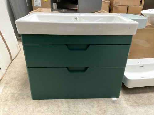 SONAS FREYA 80 CM TWO-DRAWER WALL-HUNG VANITY UNIT IN REEF GREEN MATTE INCLUDING BASIN