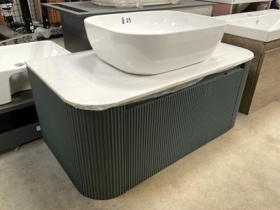 APPROX. 870 CURVED FLUTED SMOKED-SAGE SINGLE-DRAWER WALL-MOUNTED UNIT WITH SOLID WORKTOP AND FREESTANDING BASIN