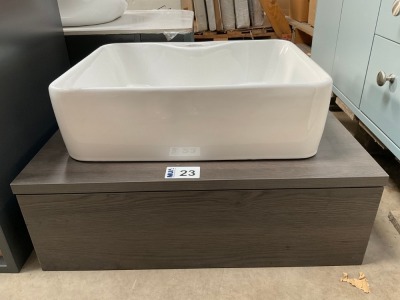 APPROX. 600 SINGLE-DRAWER WALL-MOUNTED VANITY UNIT IN DARK WOOD WITH ONE-TAP-HOLE BASIN