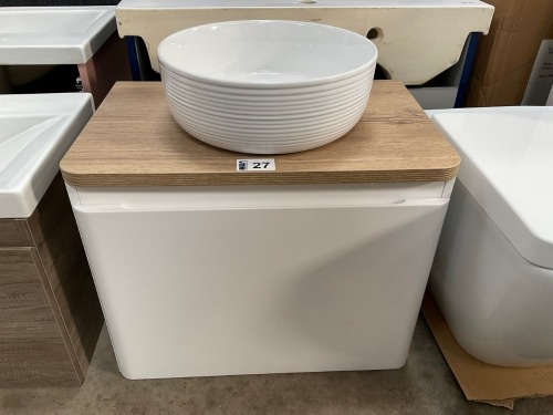 APPROX. 600 WALL-MOUNTED SINGLE-DRAWER WHITE GLOSS UNIT WITH OAK WORKTOP AND ROUND D&Eacute;COR BASIN