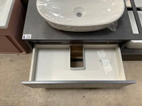 APPROX. 800 SINGLE-DRAWER WALL-MOUNTED VANITY UNIT IN CARBON WITH OPEN OAK SHELF, SOLID COMPACT WORKTOP WITH INTEGRATED TOWEL HANGER AND FREESTANDING BASIN - 3