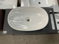 APPROX. 800 SINGLE-DRAWER WALL-MOUNTED VANITY UNIT IN CARBON WITH OPEN OAK SHELF, SOLID COMPACT WORKTOP WITH INTEGRATED TOWEL HANGER AND FREESTANDING BASIN - 7