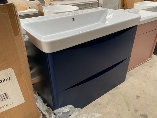 APPROX. 800 TWO-DRAWER WALL-MOUNTED INDIGO BLUE VANITY UNIT AND BASIN