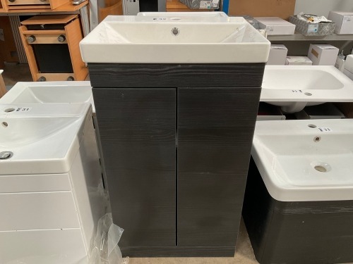 APPROX. 500 FLOOR-STANDING TWO-DOOR UNIT IN BLACK WOODGRAIN WITH BASIN