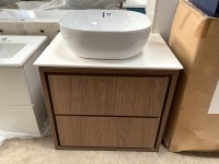 APPROX. 600 WALL-MOUNTED TWO-DRAWER VANITY UNIT IN WALNUT WITH SOLID STONE WORKTOP AND FREESTANDING BASIN