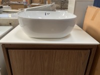 APPROX. 600 WALL-MOUNTED TWO-DRAWER VANITY UNIT IN WALNUT WITH SOLID STONE WORKTOP AND FREESTANDING BASIN - 3