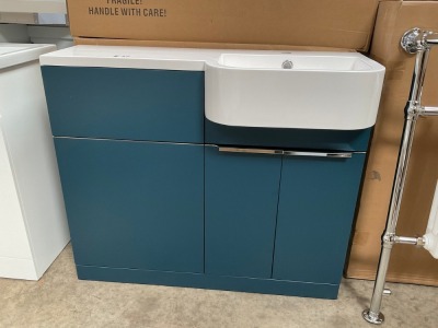 APPROX. 1000 MATCH ALL IN ONE UNIT IN OXFORD BLUE WITH RIGHT-HAND BASIN AND DOUBLE DOOR UNIT INC. INCORPORATED BACK TO WALL UNIT