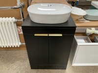 APPROX. 600 TWO-DOOR STOCKHOLM FLOOR-STANDING UNIT IN MATTE BLACK WITH MATCHING WORKTOP, BRUSHED BRASS HANDLES AND FREESTANDING BASIN