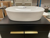 APPROX. 600 TWO-DOOR STOCKHOLM FLOOR-STANDING UNIT IN MATTE BLACK WITH MATCHING WORKTOP, BRUSHED BRASS HANDLES AND FREESTANDING BASIN - 2