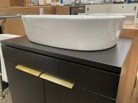 APPROX. 600 TWO-DOOR STOCKHOLM FLOOR-STANDING UNIT IN MATTE BLACK WITH MATCHING WORKTOP, BRUSHED BRASS HANDLES AND FREESTANDING BASIN - 4