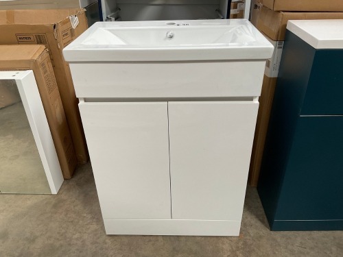 APPROX. 600 FLOOR-STANDING TWO-DOOR HANDLELESS WHITE GLOSS UNIT AND BASIN &mdash; NB: DAMAGE TO RIGHT-HAND GABLE OF UNIT