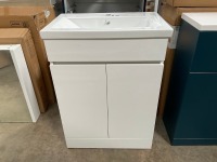 APPROX. 600 FLOOR-STANDING TWO-DOOR HANDLELESS WHITE GLOSS UNIT AND BASIN &mdash; NB: DAMAGE TO RIGHT-HAND GABLE OF UNIT