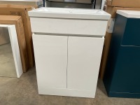 APPROX. 600 FLOOR-STANDING TWO-DOOR HANDLELESS WHITE GLOSS UNIT AND BASIN &mdash; NB: DAMAGE TO RIGHT-HAND GABLE OF UNIT - 2