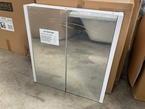 APPROX. 600 x 650 TWO-DOOR MIRRORED CABINET WITH WHITE GLOSS SIDES
