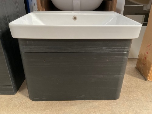 APPROX. 600 WALL-MOUNTED SINGLE-DRAWER UNIT IN BLACK WOODGRAIN WITH BASIN