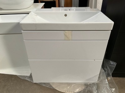 APPROX. 600 TWO-DRAWER WALL-MOUNTED WHITE GLOSS UNIT AND BASIN