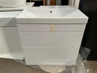 APPROX. 600 TWO-DRAWER WALL-MOUNTED WHITE GLOSS UNIT AND BASIN