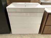APPROX. 600 TWO-DRAWER WALL-MOUNTED WHITE GLOSS VANITY UNIT AND BASIN