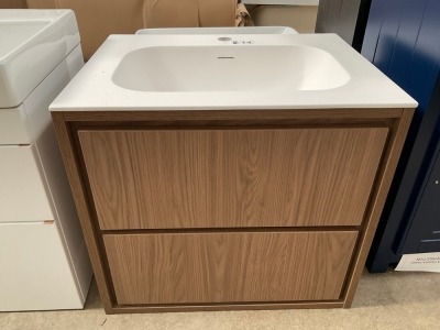 APPROX. 600 WALL-MOUNTED TWO-DRAWER WALNUT UNIT AND BASIN