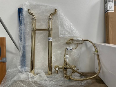 BURLINGTON POLISHED GOLD FREE-STANDING TRADITIONAL BATH SHOWER MIXER WITH CERAMIC HANDLES