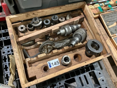 WOODEN BOX TO INCLUDE MACHINE CHUCKS & PARTS