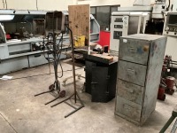 LOT BUNDLE TO INC. 2No. GAS HEATERS, 4 DRAWER METAL FILING CABINET, TRANSFORMER BOX, METAL STORAGE BOX & MOBILE SHELVES
