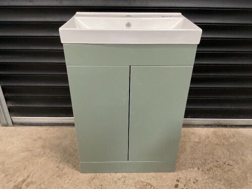 PREVIOUSLY FITTED 600 FLOOR-STANDING PISTACHIO GREEN TWO-DOOR UNIT WITH BASIN