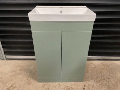 PREVIOUSLY FITTED 600 FLOOR-STANDING PISTACHIO GREEN TWO-DOOR UNIT WITH BASIN