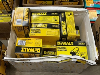 BOX LOT TO INC. LARGE QTY OF DEWALT DISPOSABLE PARTICULATE RESPIRATORS