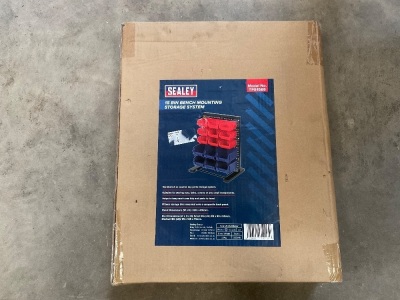 UNUSED SEALY 15 BIN BENCH MOUNTING STORING SYSTEM
