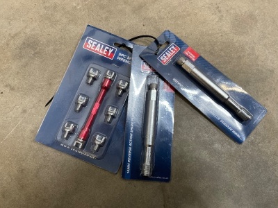 2NO. UNUSED SEALY 14mm REVERSE ACTION SPARK PLUG THREAD CHASER & 1NO. 9pc SPOKE WRENCH SET
