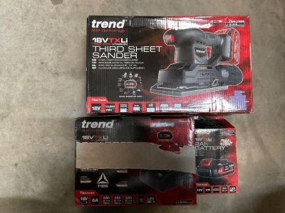 UNUSED TREND 18V CORDLESS SANDER, BATTERY & CHARGER
