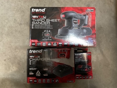 UNUSED TREND 18V CORDLESS SANDER, BATTERY & CHARGER
