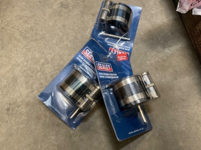 3NO. UNUSED SEALEY 38mm-83mm PISTON RING COMPRESSORS