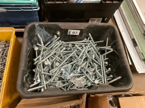 PLASTIC CRATE OF UNUSED WOOD BOLTS